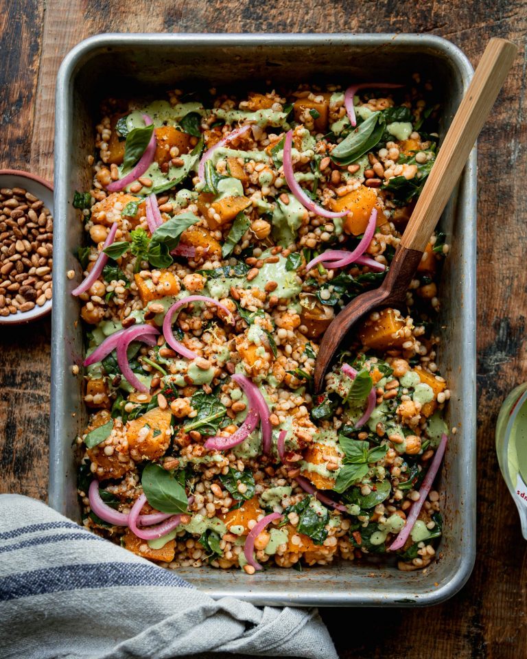 Baked pearl couscous and pumpkin with basil and tahini from The First Mess