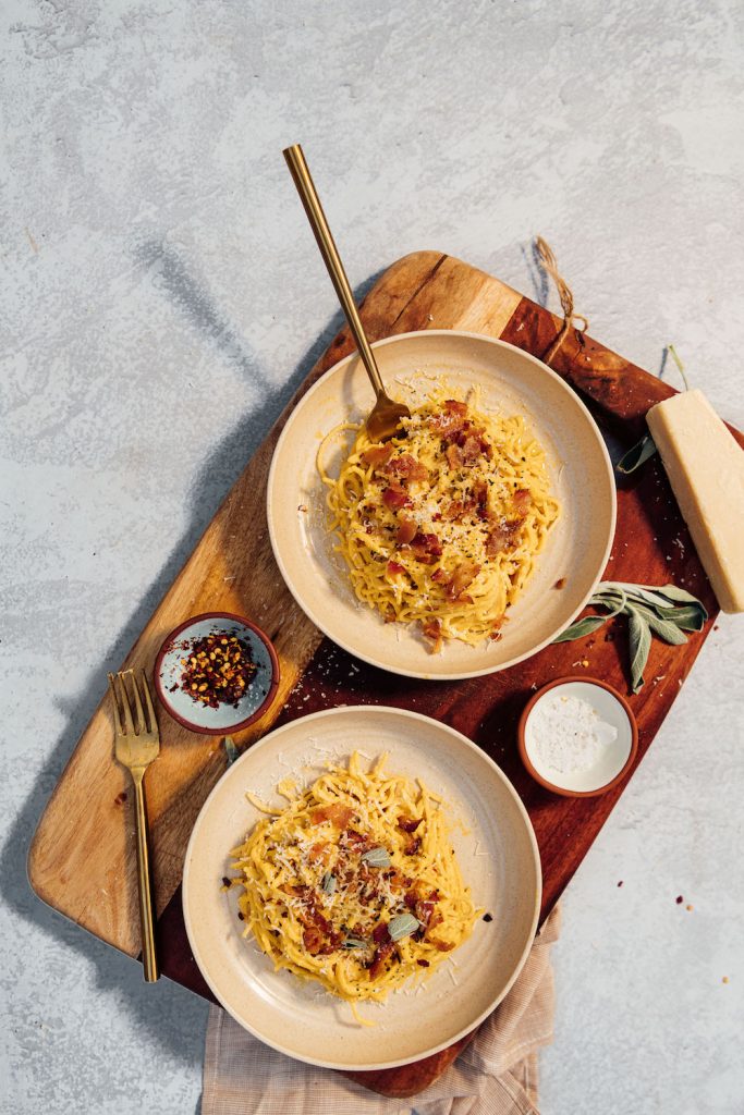 creamy butternut squash pasta with bacon and crispy sage