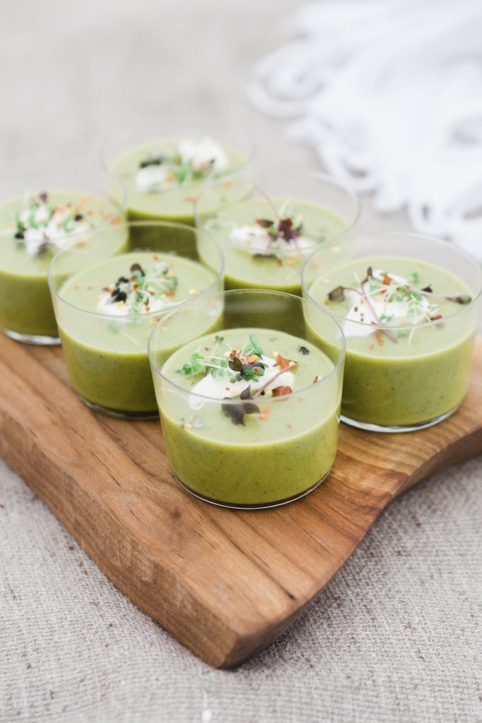 chilled pea soup with creme fraiche and micro greens