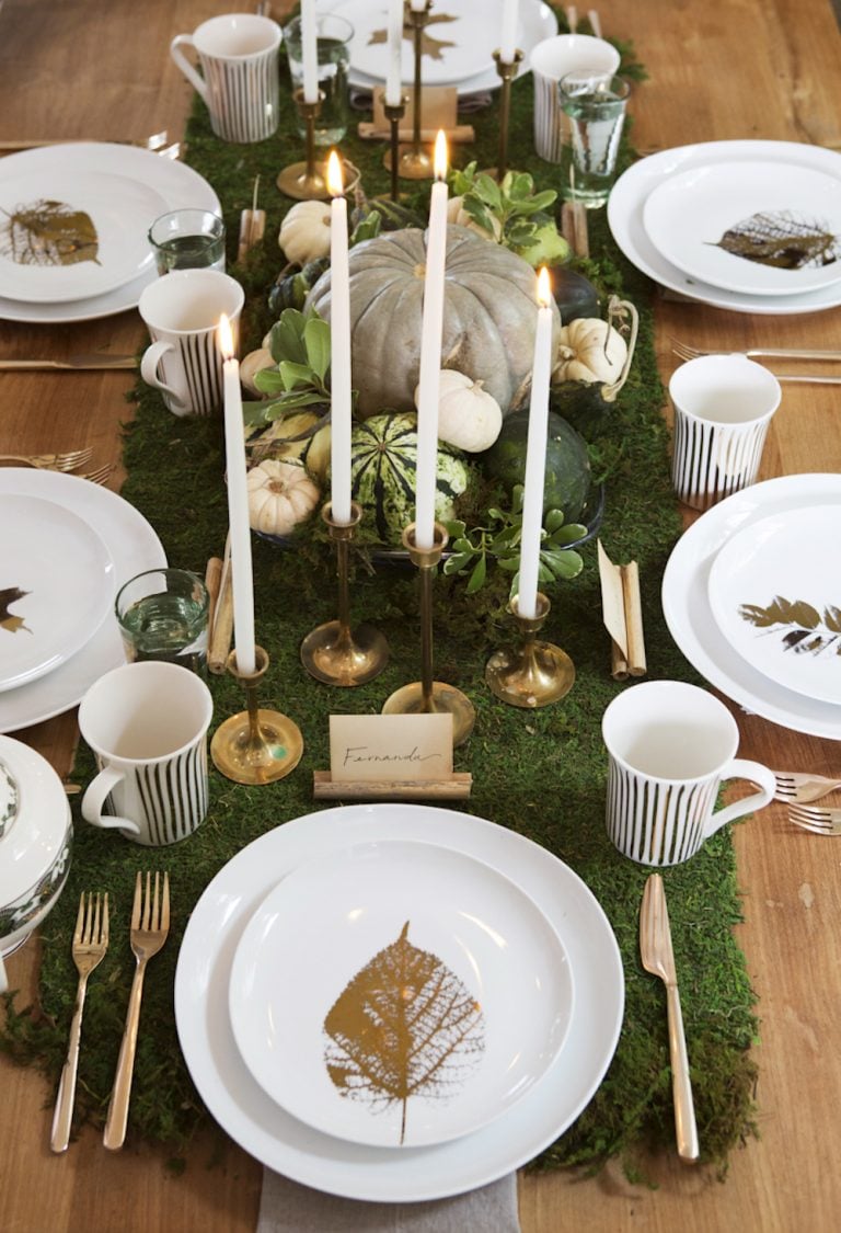 Thanksgiving table setting with leaf place cards.