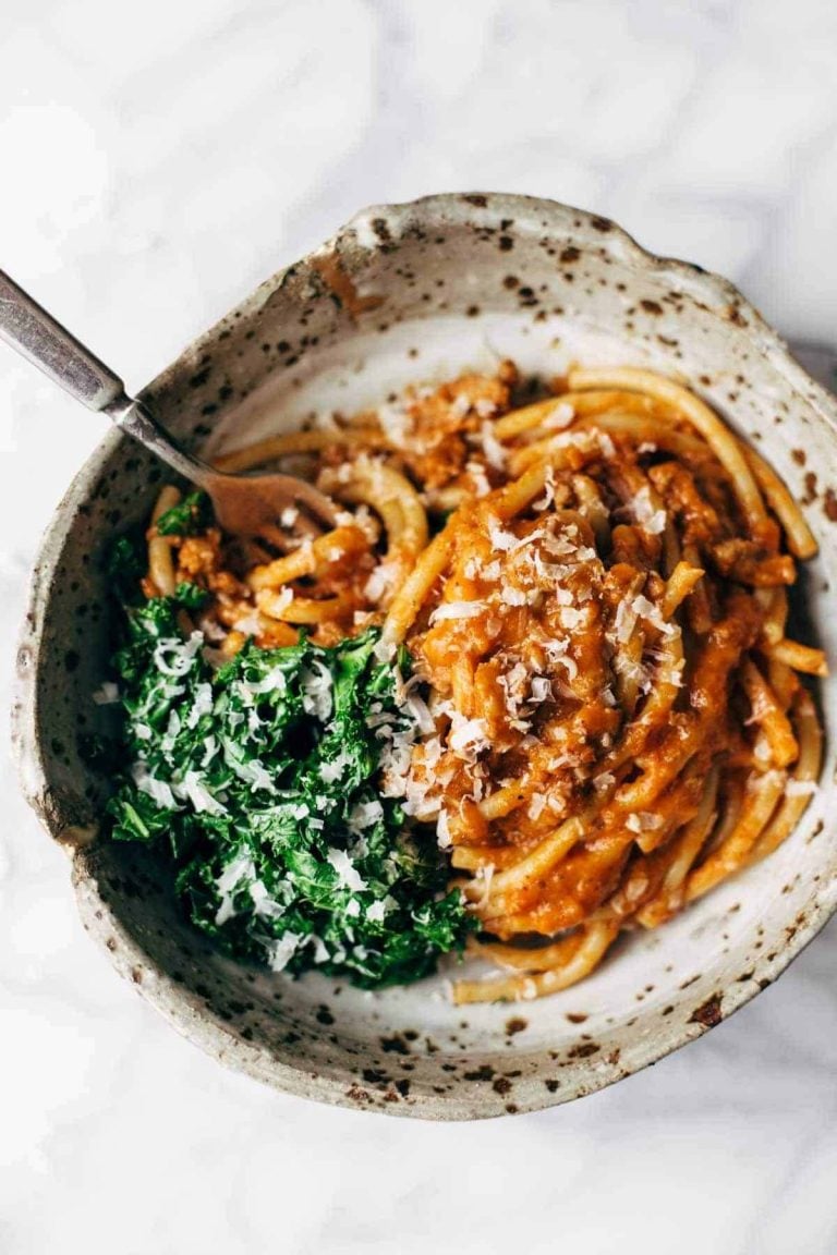 Creamy Pumpkin Spaghetti with Garlic Kale from Pinch of Yum