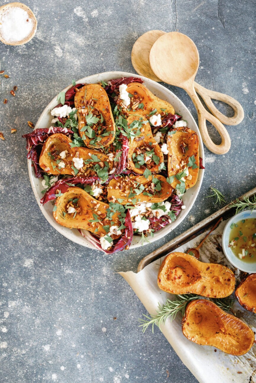 roasted honeynut squash recipe with raddichio, goat cheese and pecans