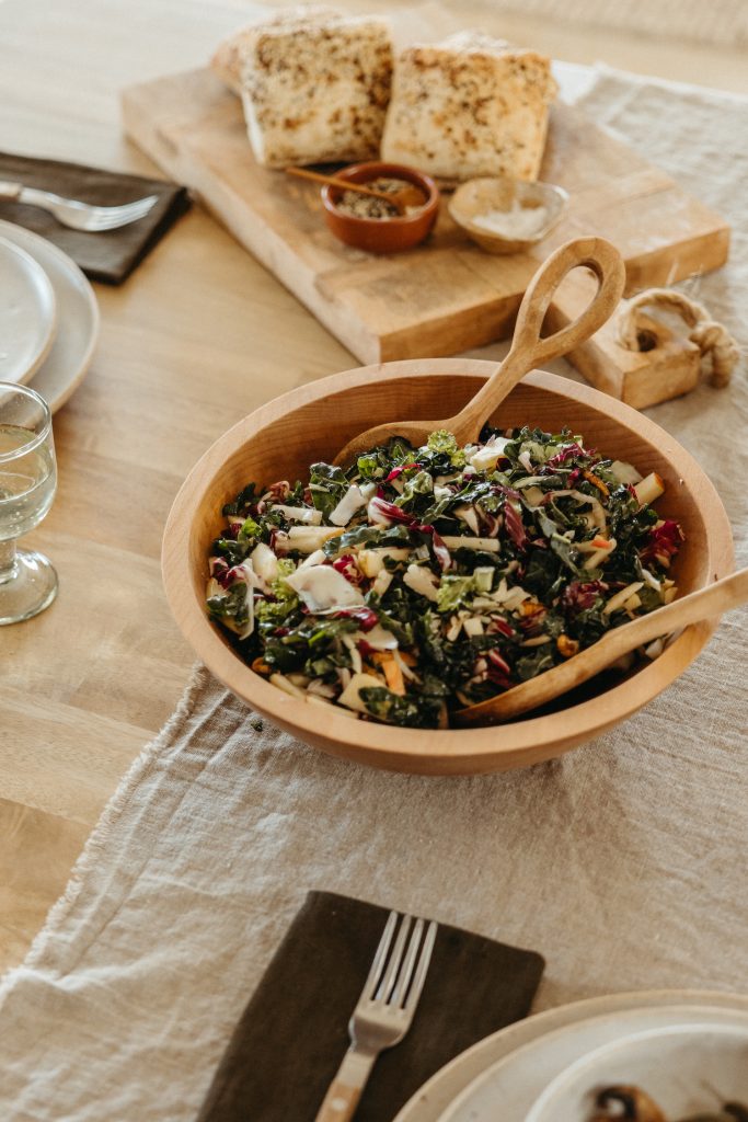 fall salad in wood salad bowl, dinner party menu