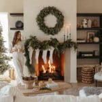 Camille Styles Holiday Decor 2023-Christmas Mantel with evergreen garland and casa zuma holiday wreath
