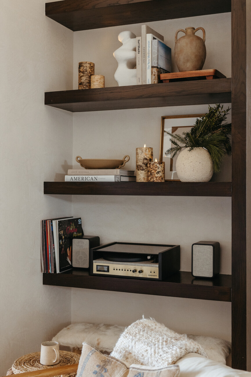 Camille Styles Holiday Decor 2023-open shelves record player