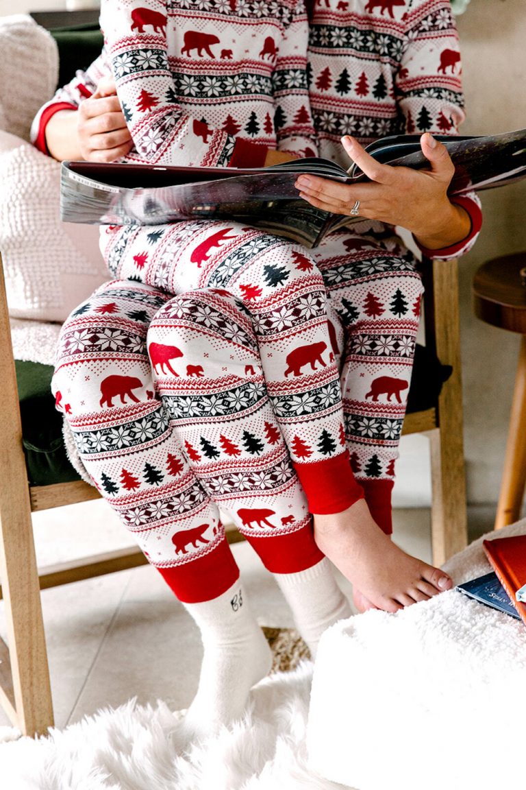 Mother and son wearing pajams.