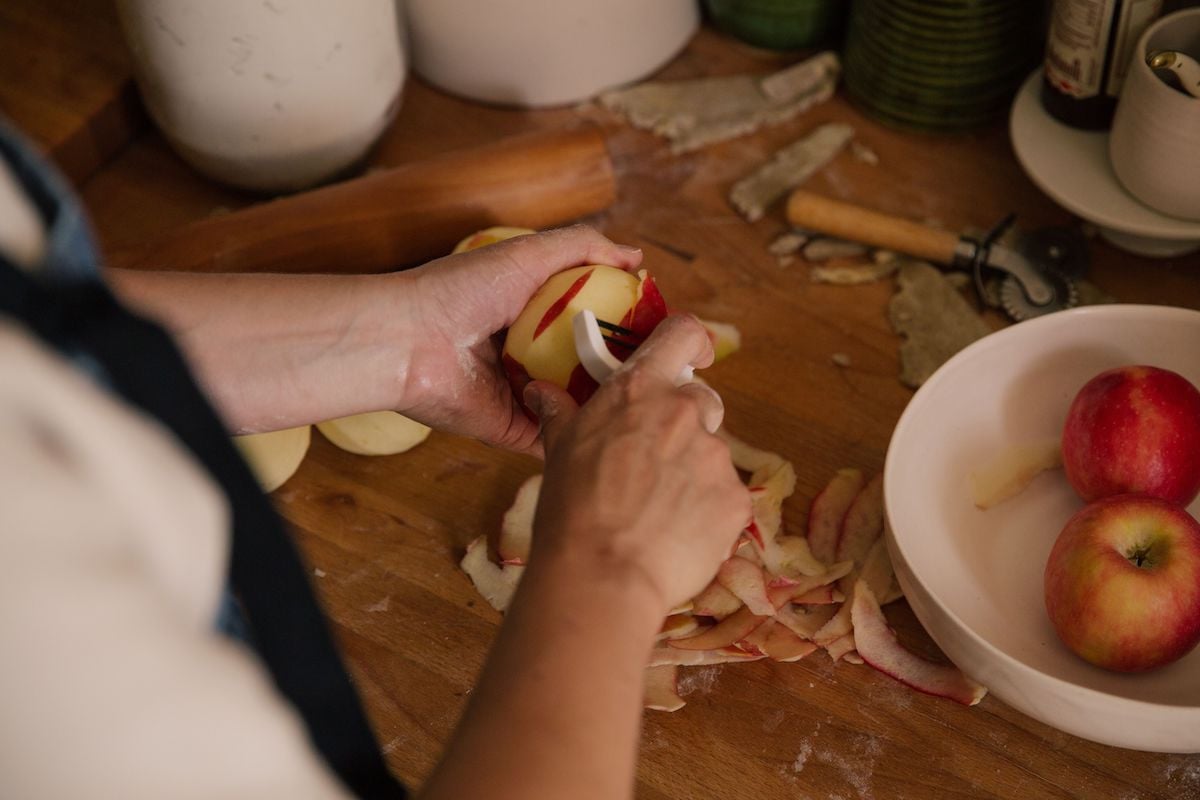 Peeling apples.