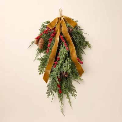 Faux Cedar Christmas Swag with Velvet Ribbon Trim