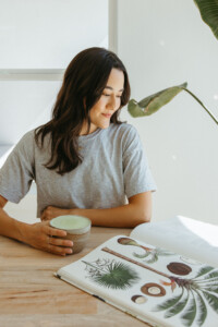 Woman drinking matcha.