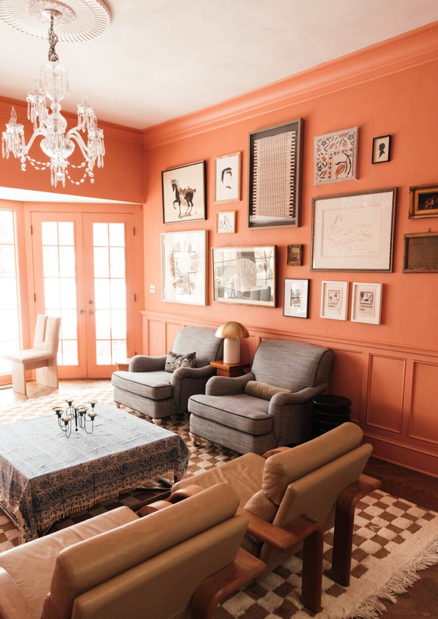 Living room painted in Peach Fuzz pantone color of the year 2024