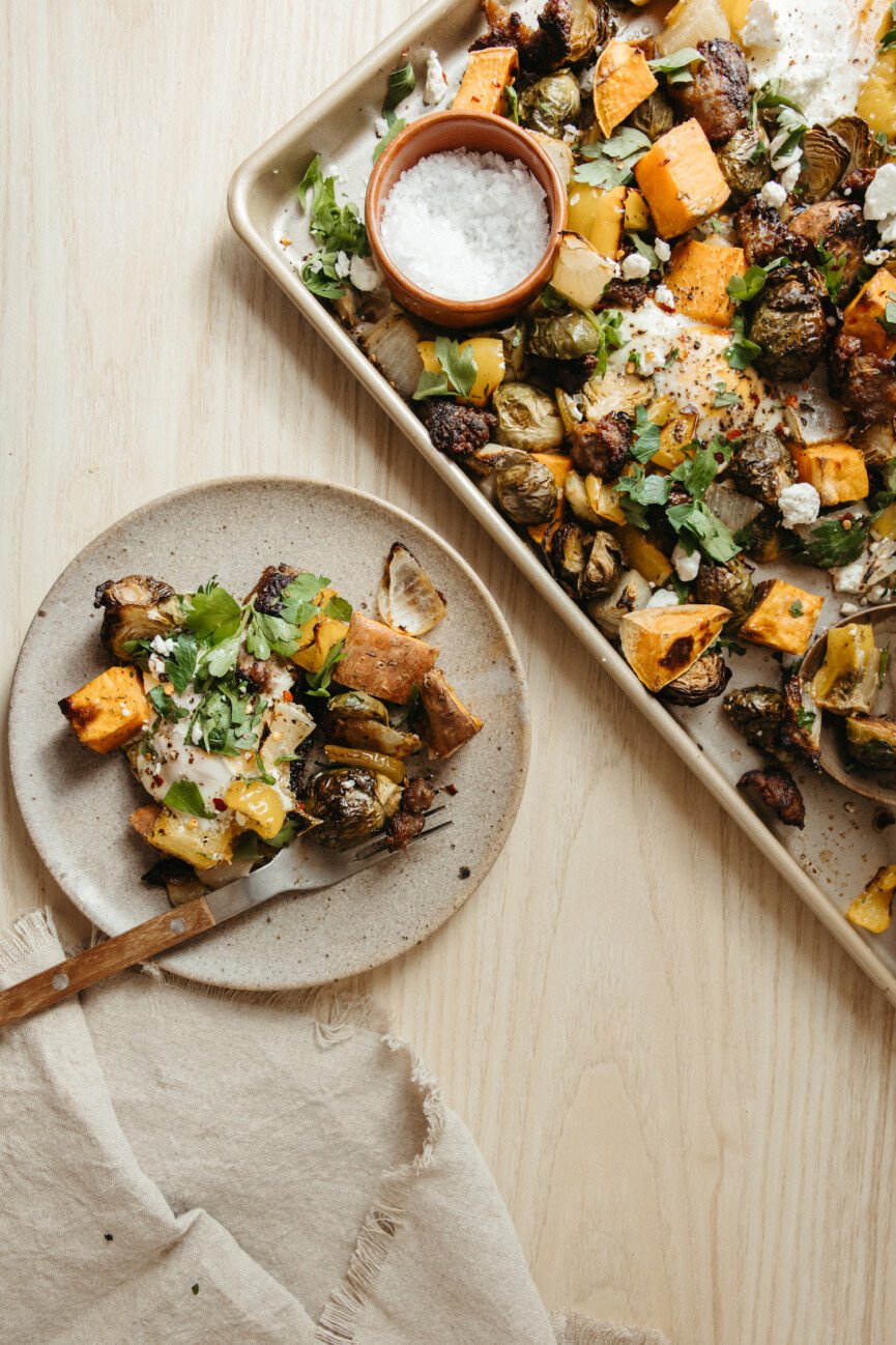 sheet pan harvest hash with sweet potatoes, brussels sprouts, and sausage - ingredients - vegetables - winter produce