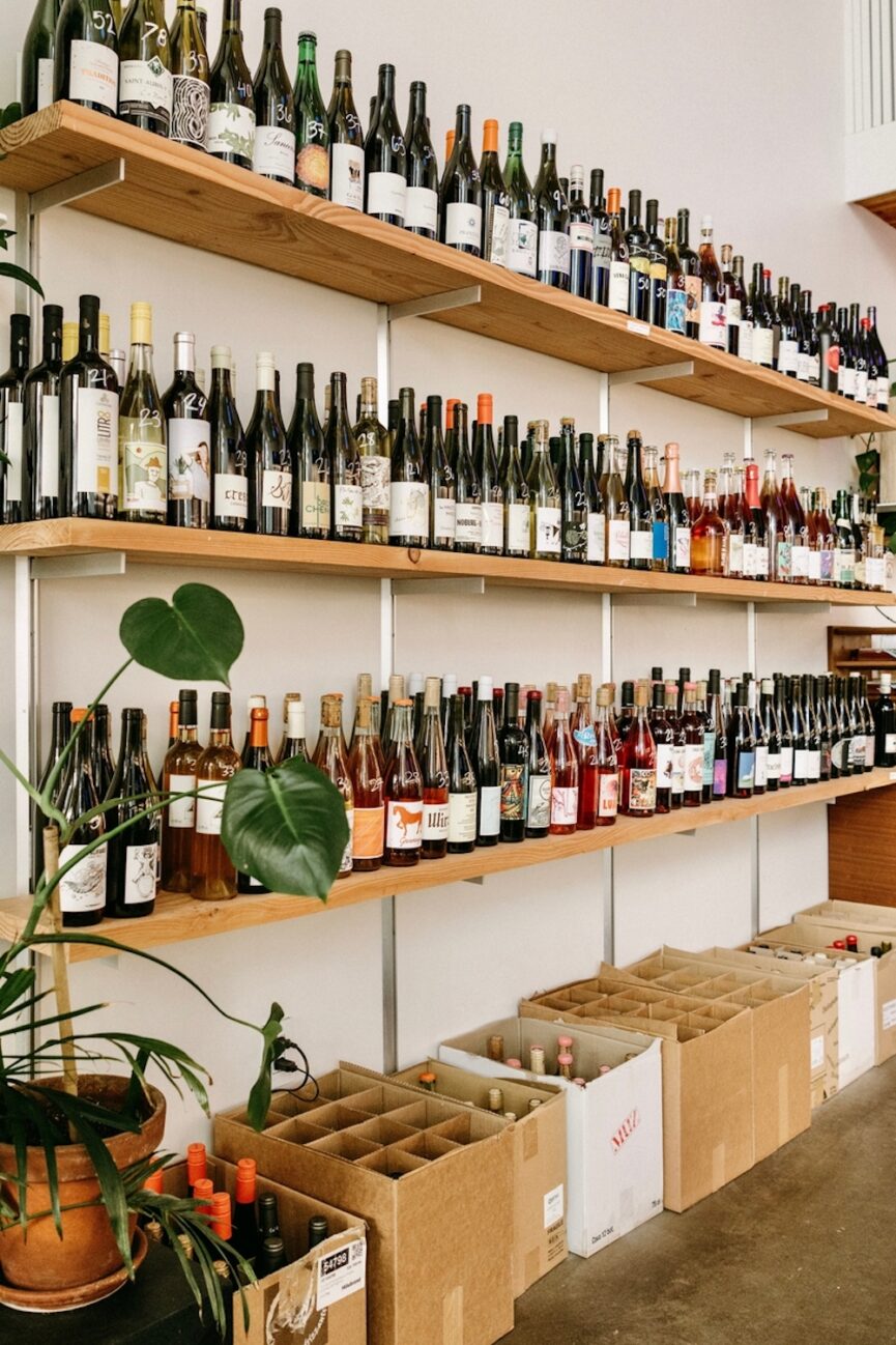 Bottles of wine on shelves.