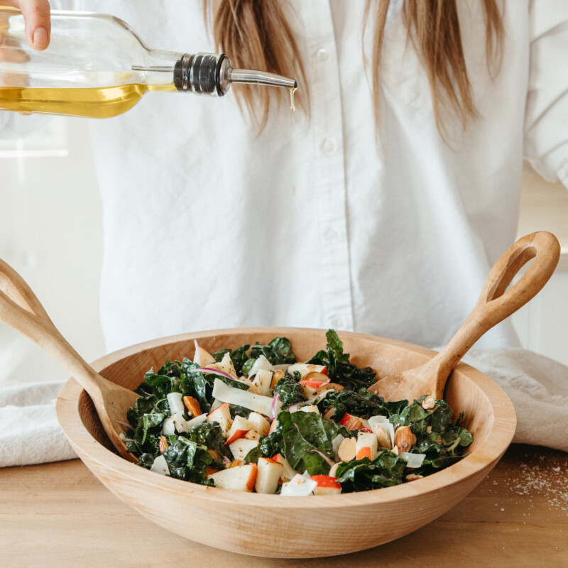 kale apple salad with almonds and gruyere