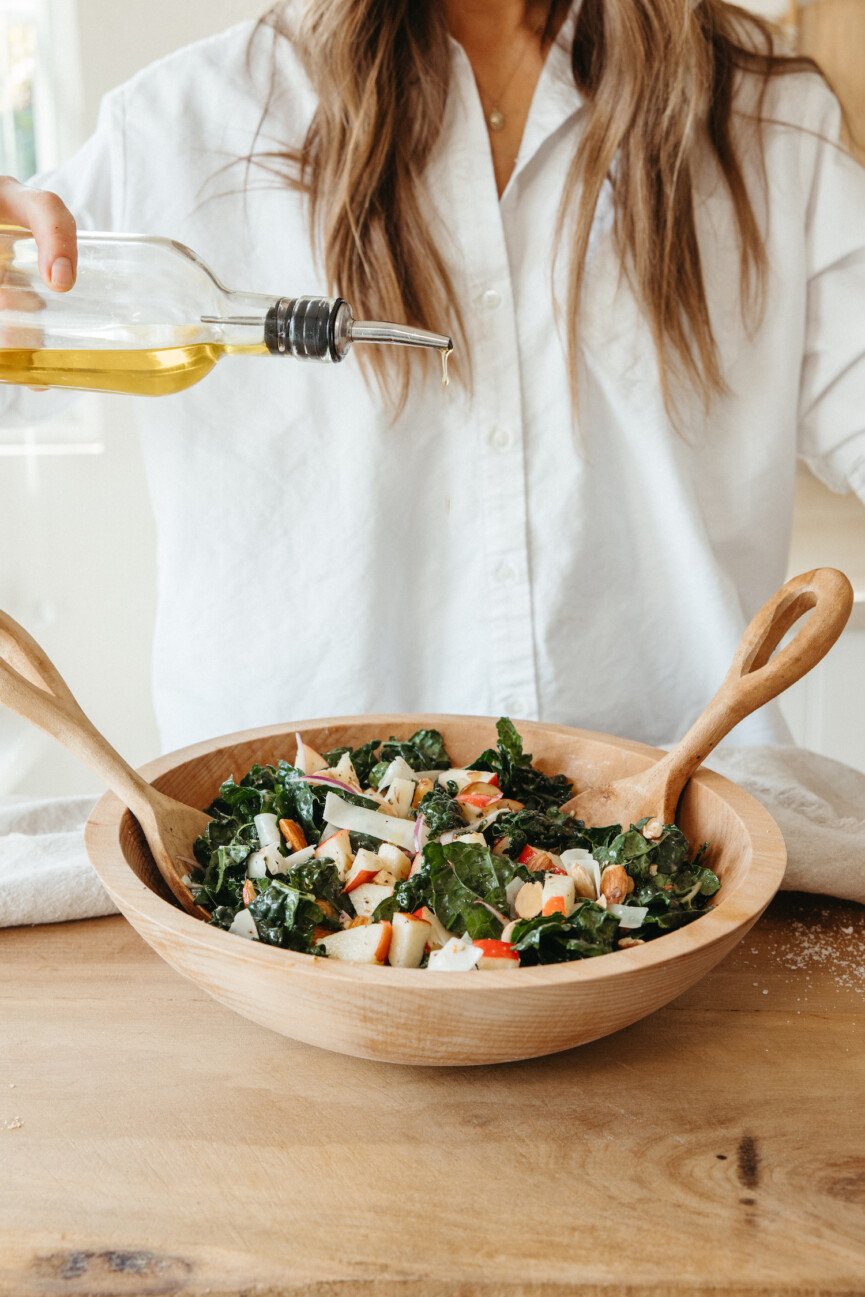 kale apple salad with almonds and gruyere