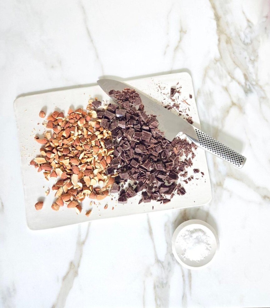 Chopped almonds and chocolate.