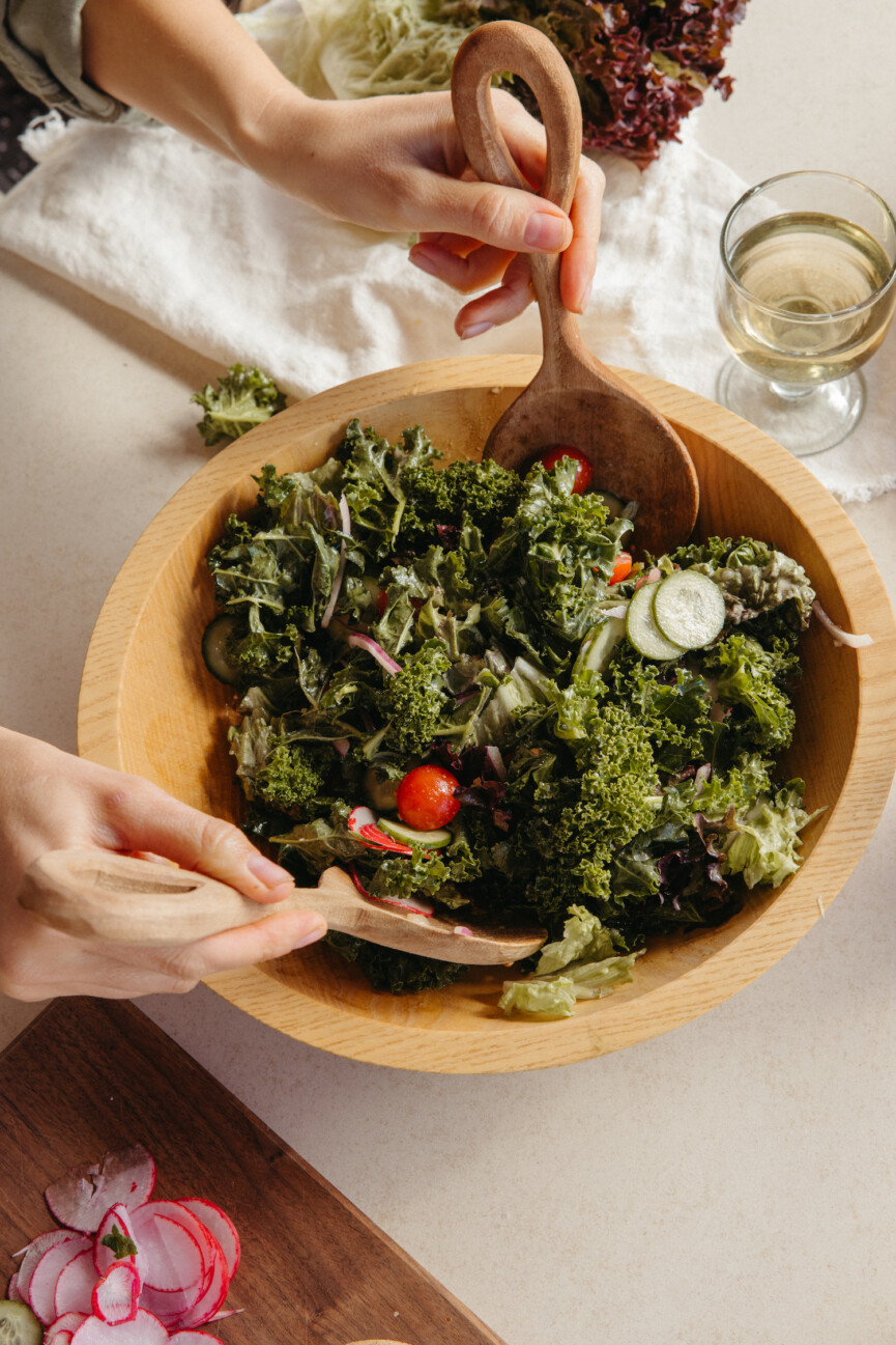 mediterranean kale salad al fresco - handcrafted wood salad bowl