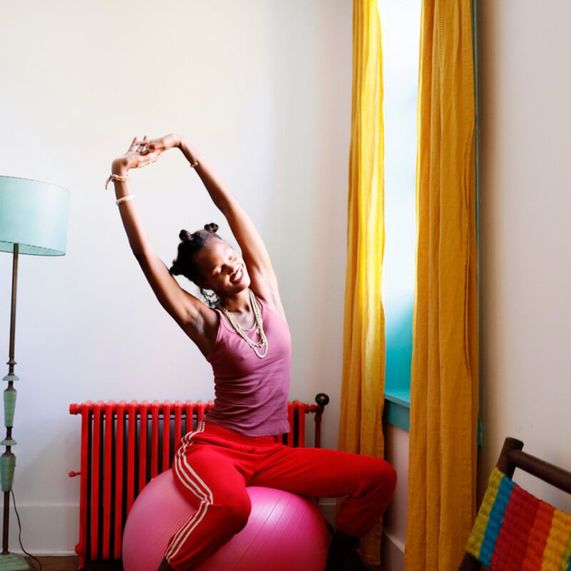 Woman stretching on exercise ball