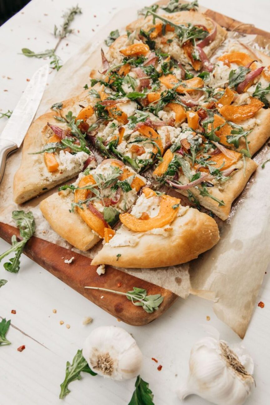 butternut squash pizza with arugula & almond ricotta_inexpensive meals for large groups