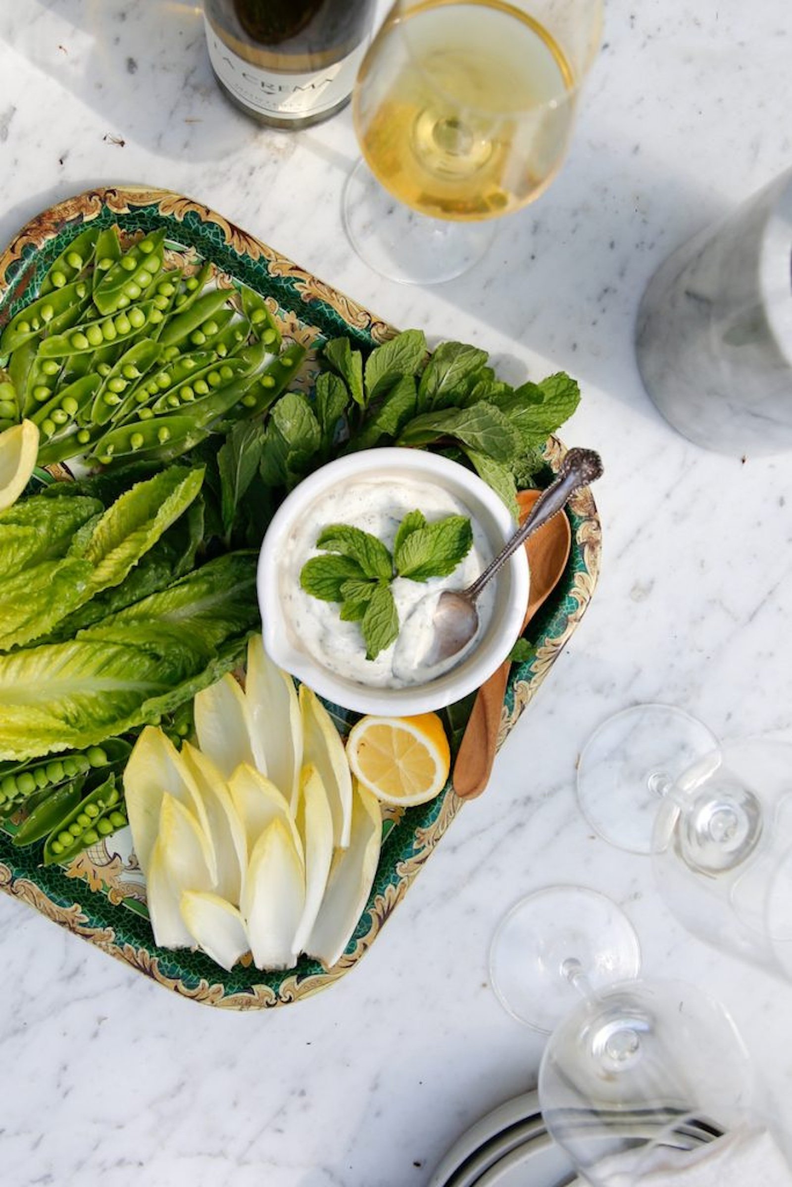 mint tzatziki with endive, romaine, and sugar snaps_make ahead appetizers