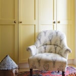 A parrot printed white chair rests on a red rug in front of pale yellow closet doors