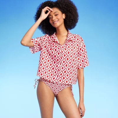 Women's Cropped Button-Up Short-Sleeve Cover-Up