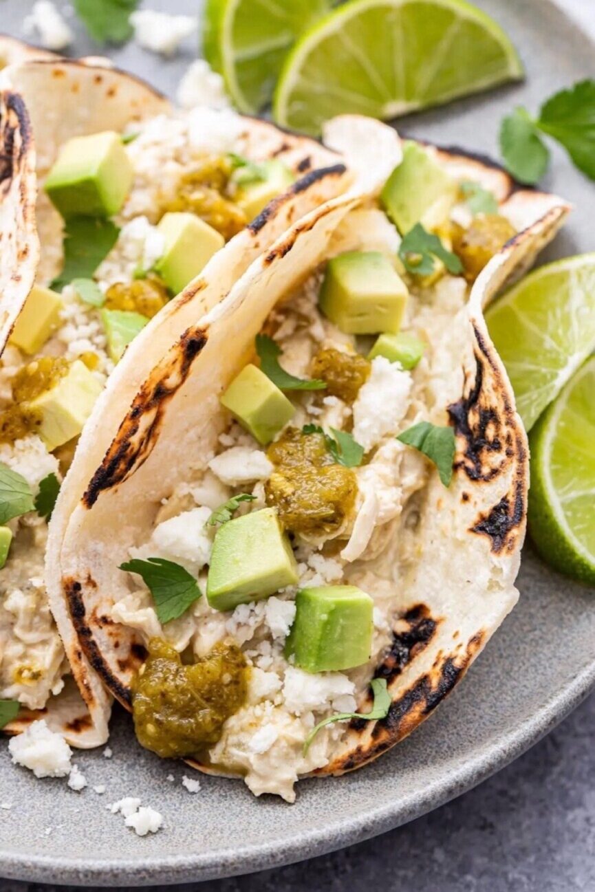 creamy green chile chicken tacos summer crockpot meal