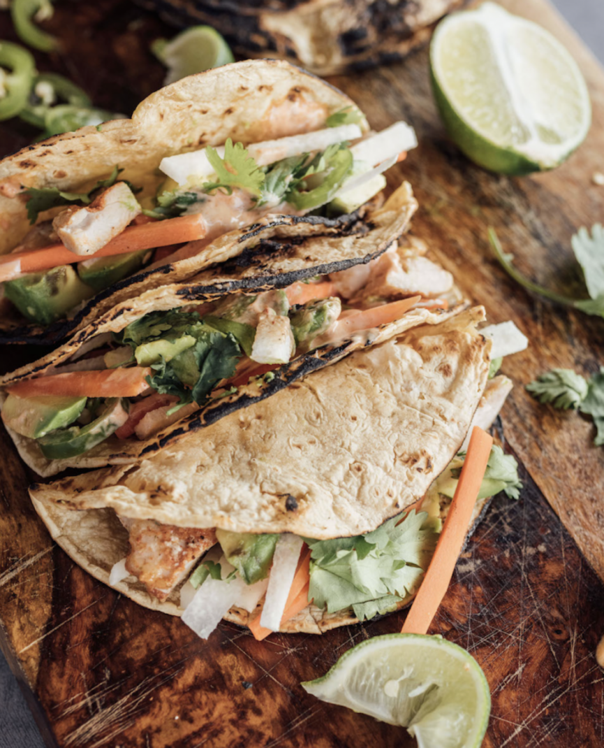 lime-y chicken tacos with jicama and mint