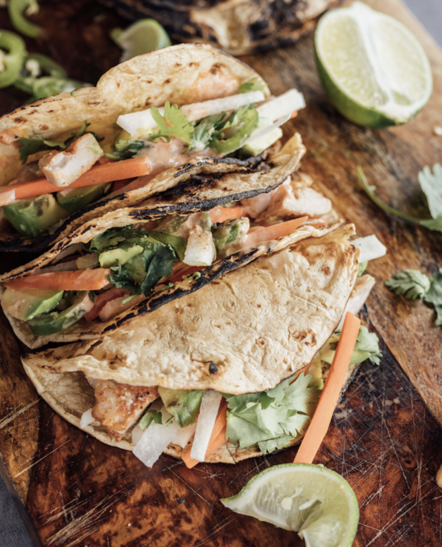 lime-y chicken tacos with jicama, avocado, and mint