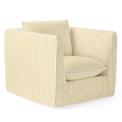 A butter yellow and white striped chair from Serena and Lily