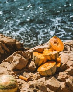 melons on the rocks by the water