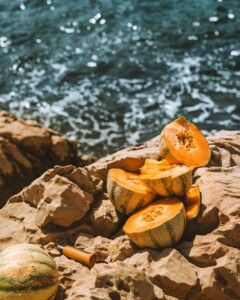 melons on rocks by water