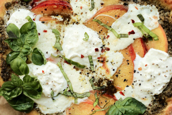 peach, pesto, and balsalmic pizza