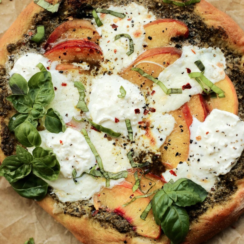 peach, pesto, and balsalmic pizza