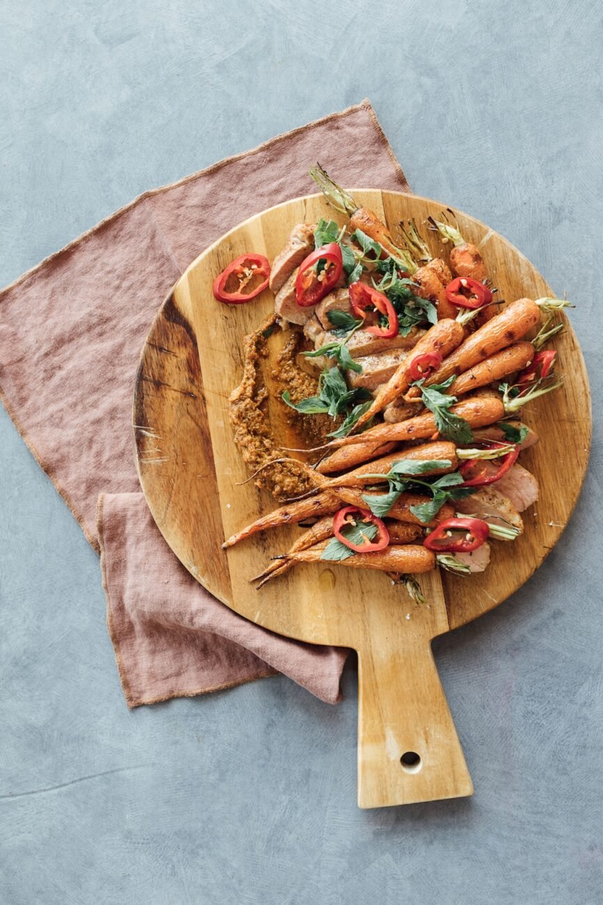 orange-chili glazed pork tenderloin with carrot pesto and grilled carrots