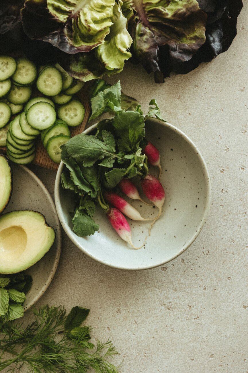 Radishes, cucumbers, and avocados.