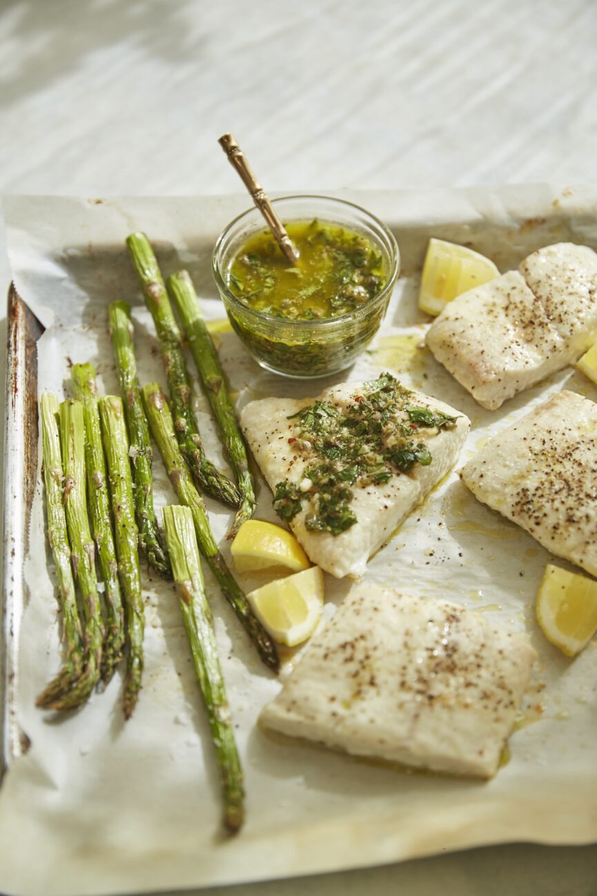 sheet pan halibut with italian salsa verde and asparagus