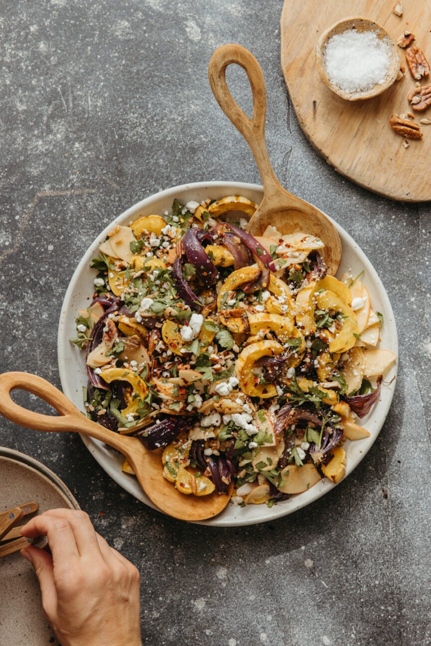 Squash & Farro Salad with Apples, Goat Cheese, and Pecans