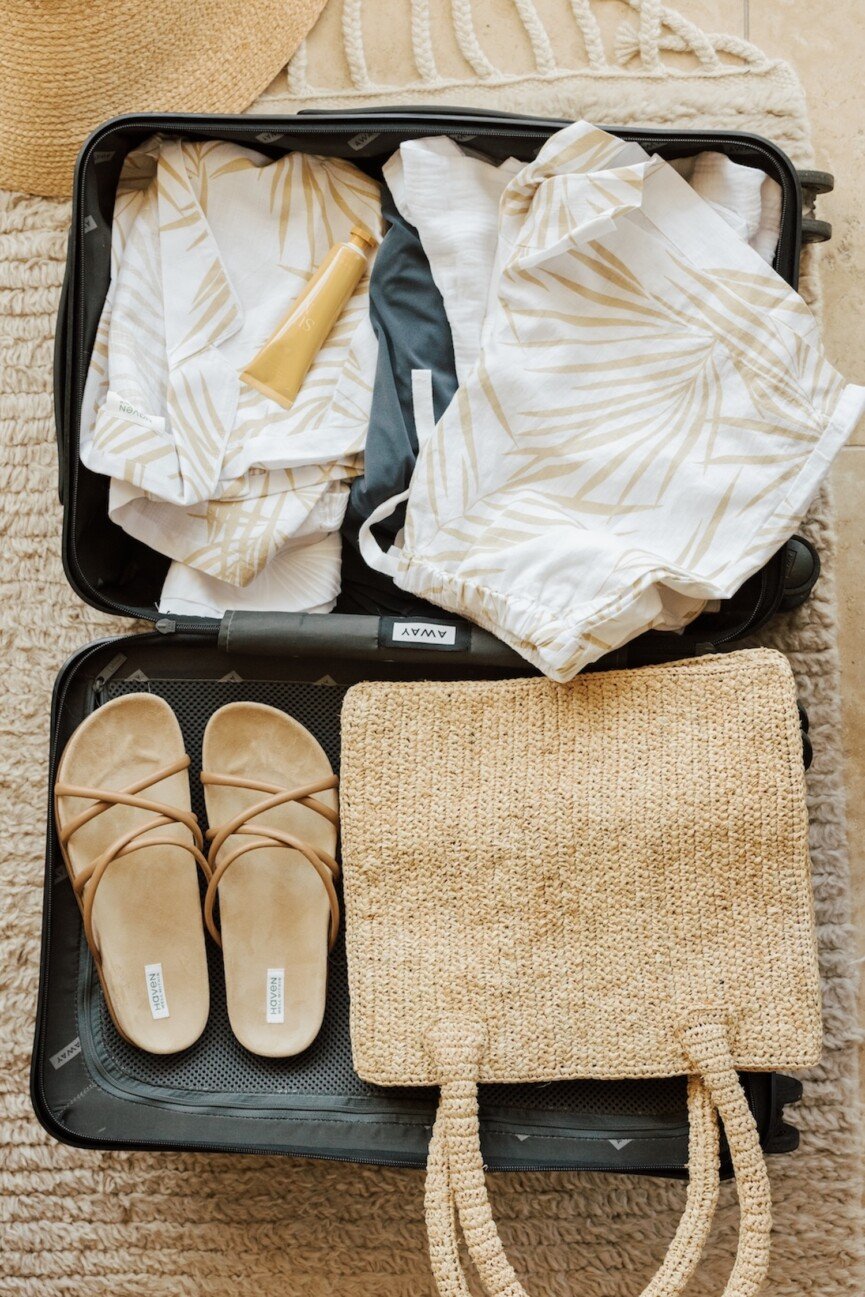 Travel capsule wardrobe suitcase.