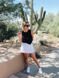 white tennis skirt with sneakers outfit onesmallblonde