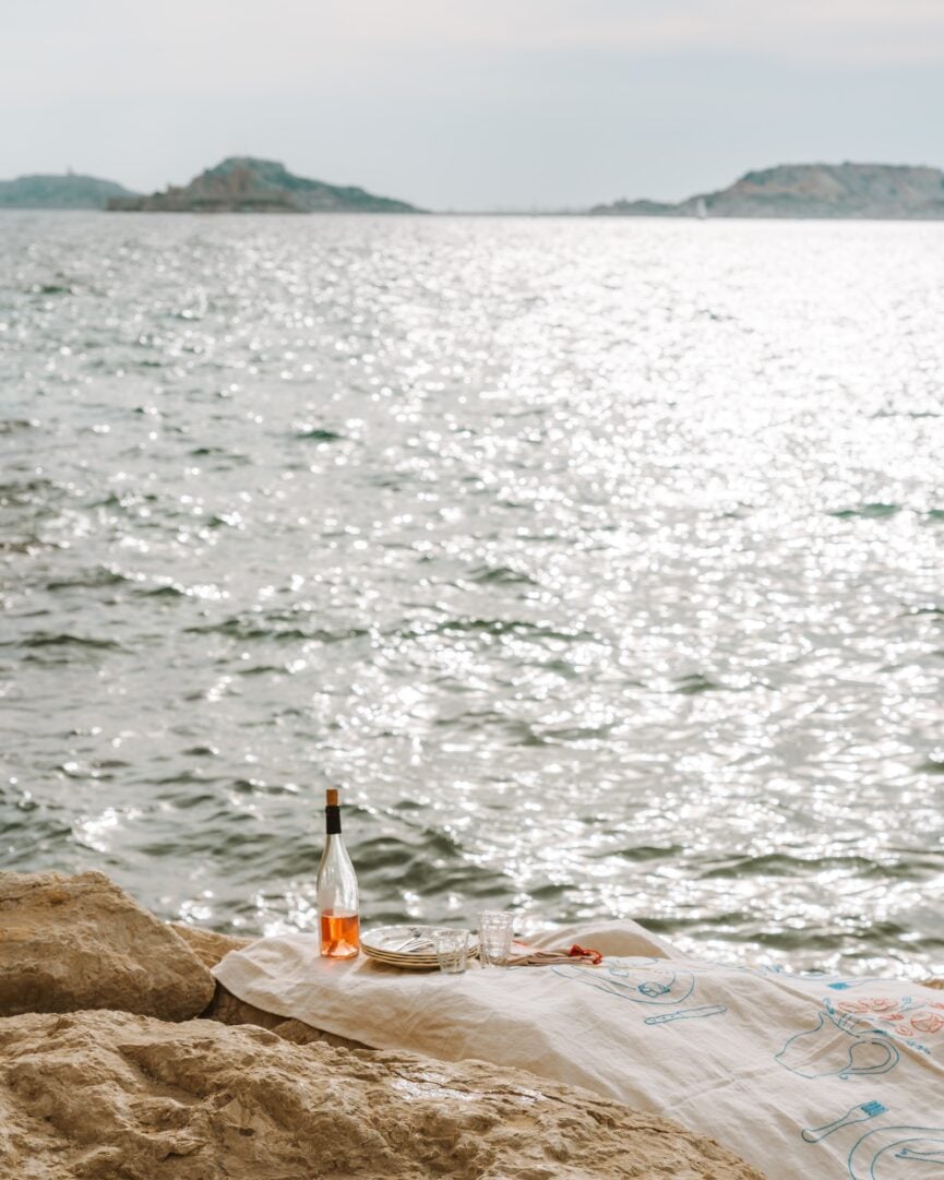 wine bottle on picnic blanket by ocean