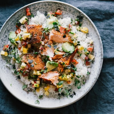 Blackened salmon with pico de gallo.