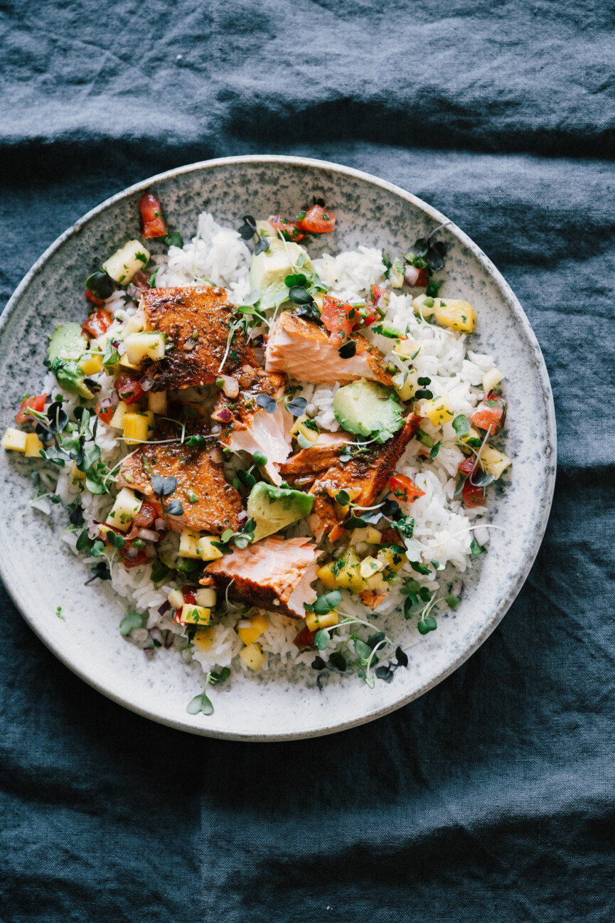 Blackened salmon with pico de gallo.