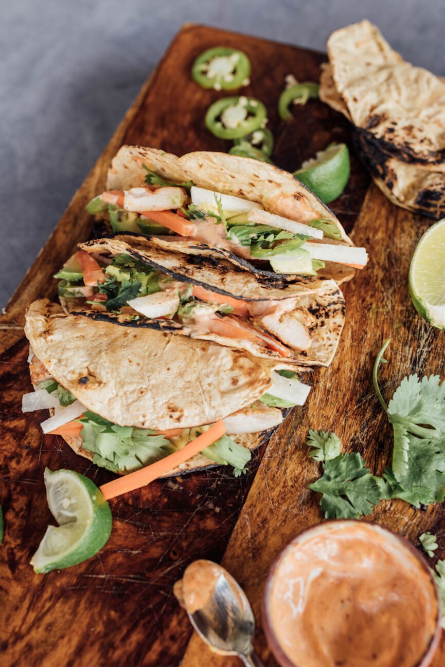 Lime-y Chicken Tacos with Carrot, Jicama, & Mint