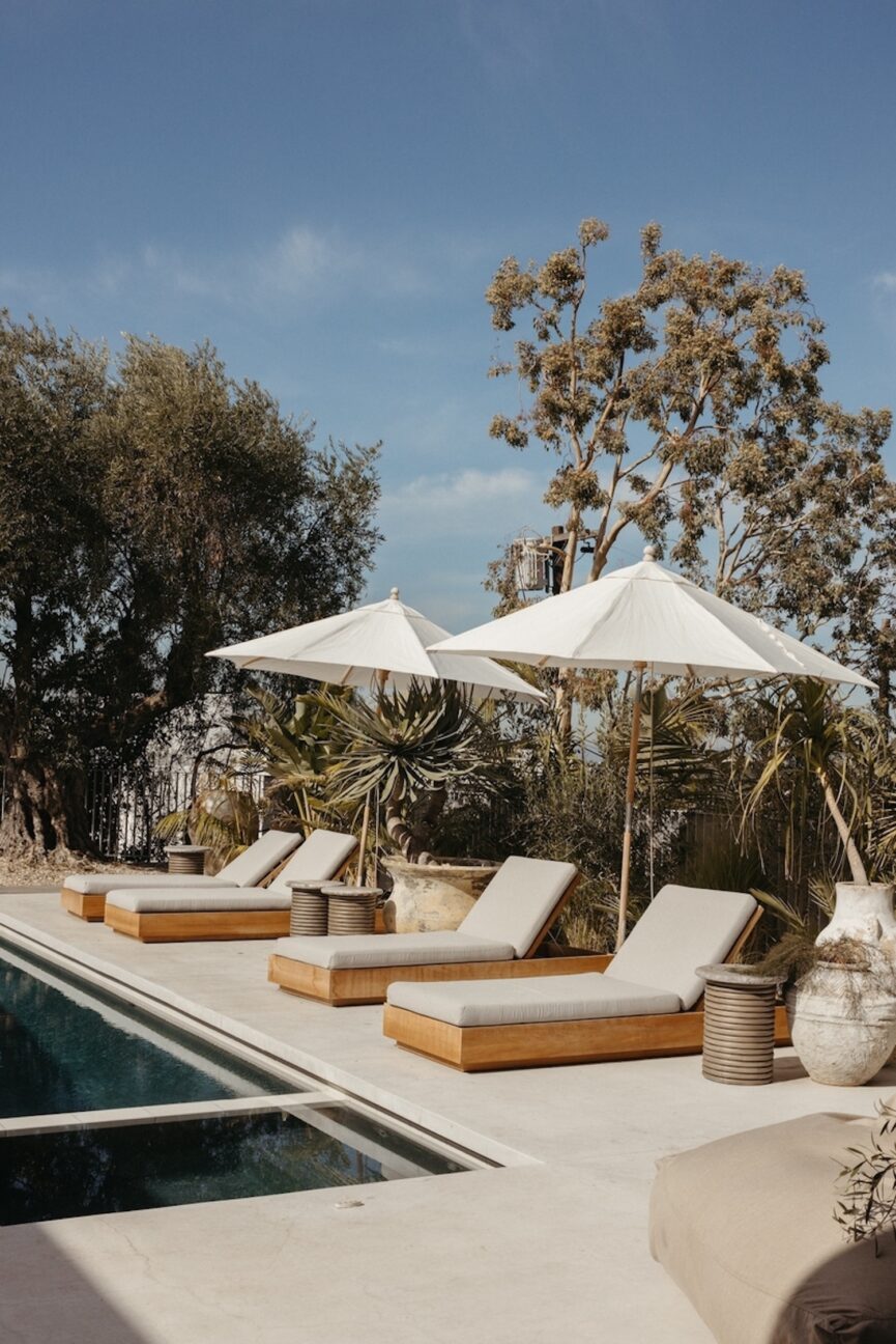 Lounge chairs by the pool.