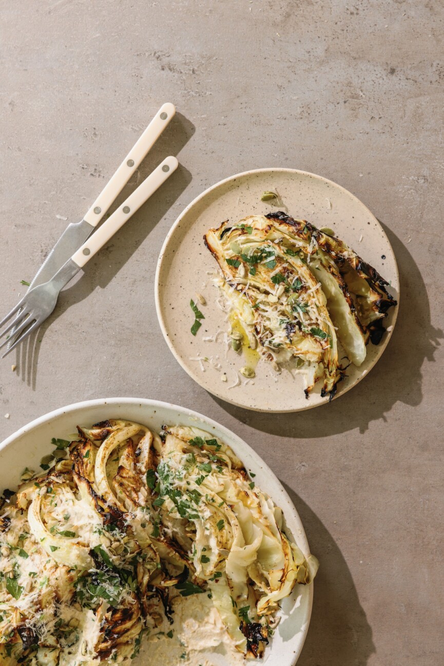 Salad plate with charred cabbage