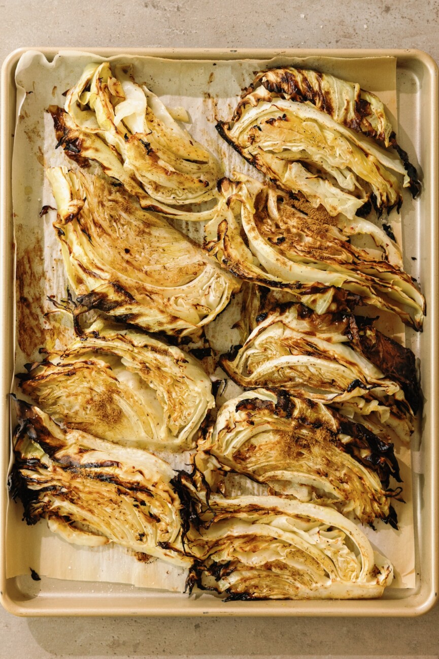 charred cabbage on sheet pan