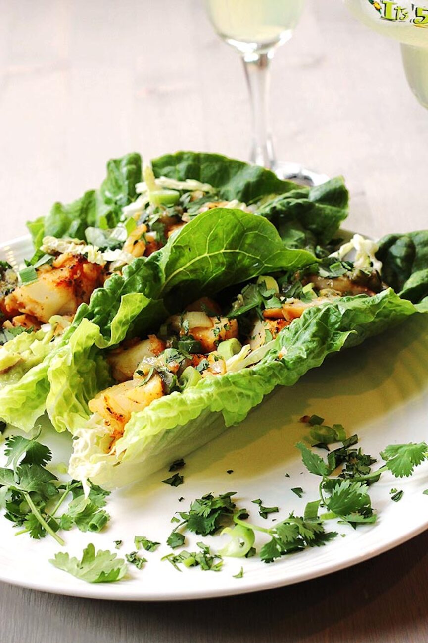 fish tacos with salsa verde in lettuce wraps