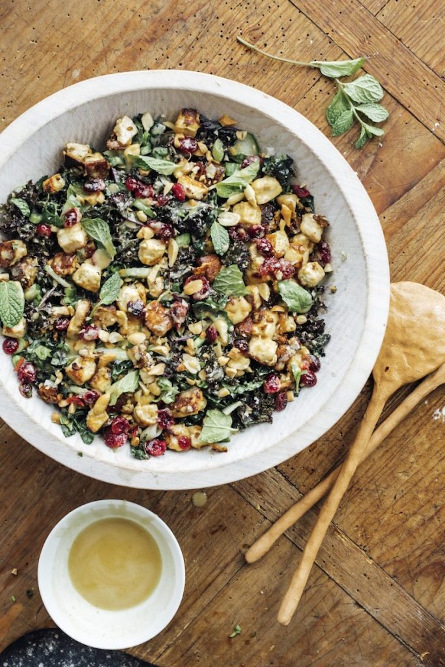 shredded kale and cranberry salad with crispy tofu