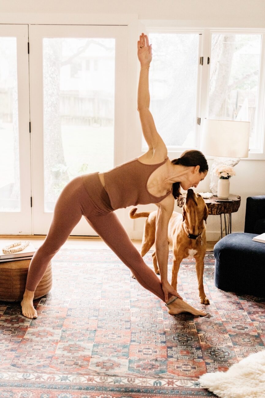 Woman doing low-impact exercises at home with dog.