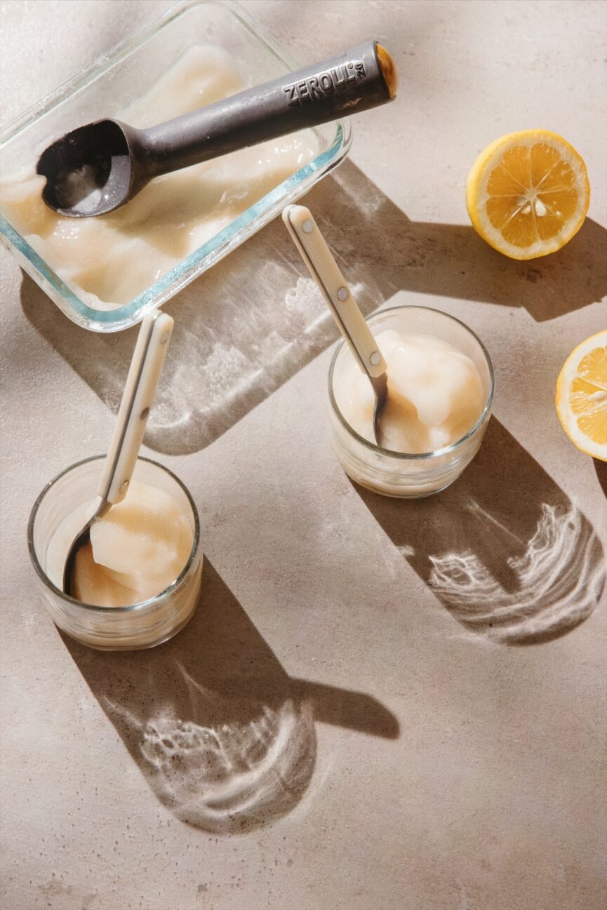 lemon sorbet in glasses_no-churn lemon sorbet